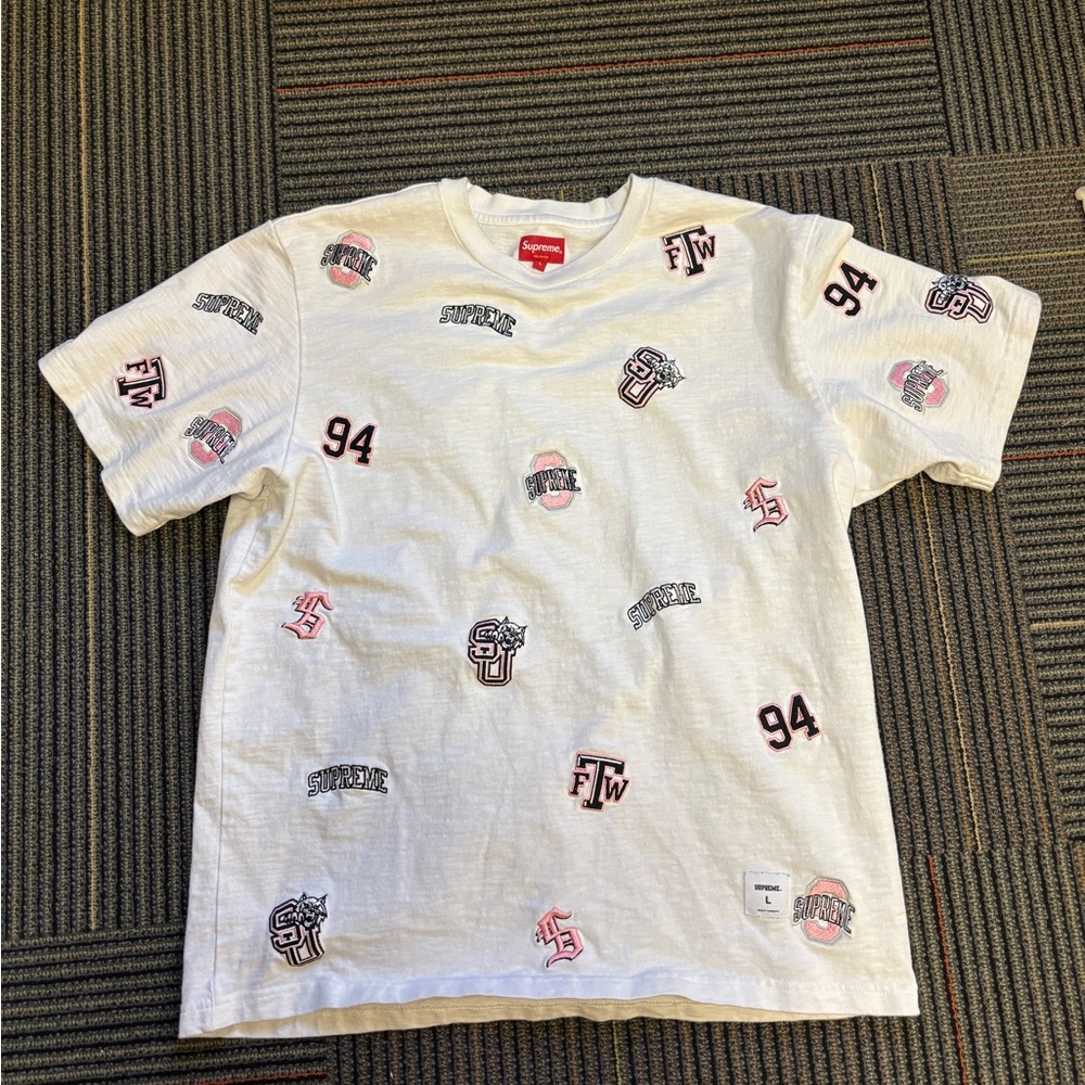 Supreme Embroidered Supreme University College AOP T Shirt Mens Large